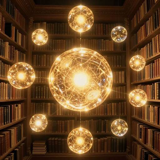 Photograph of a library ceiling with glowing, golden wireframe spheres suspended above rows of bookshelves, illuminating the space.