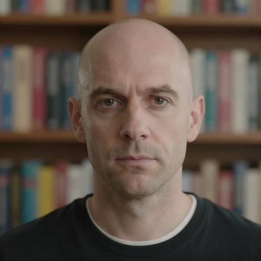 Serious Bald Man in Library Portrait