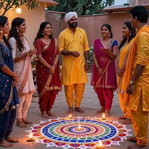 Photograph of six Indian women in colorful sarees and one bearded man in a yellow kurta, standing around a glowing, circular rangoli design