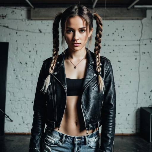 Young woman in leather jacket with braided pigtails