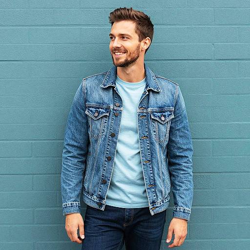 Smiling Man in Denim Jacket Against Teal Wall