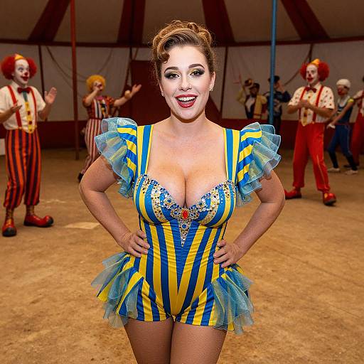 Photorealistic image of a smiling woman with curly brown hair in a blue and yellow striped, ruffled circus costume, standing confidently in a circus tent
