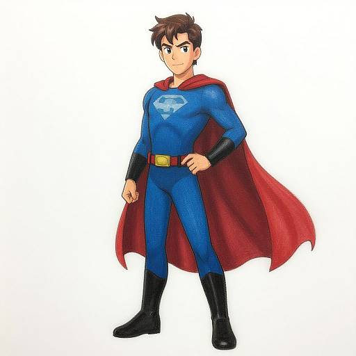 Digital illustration of a young, brown-haired male Superman in blue suit, red cape, black boots, and yellow belt, standing confidently.