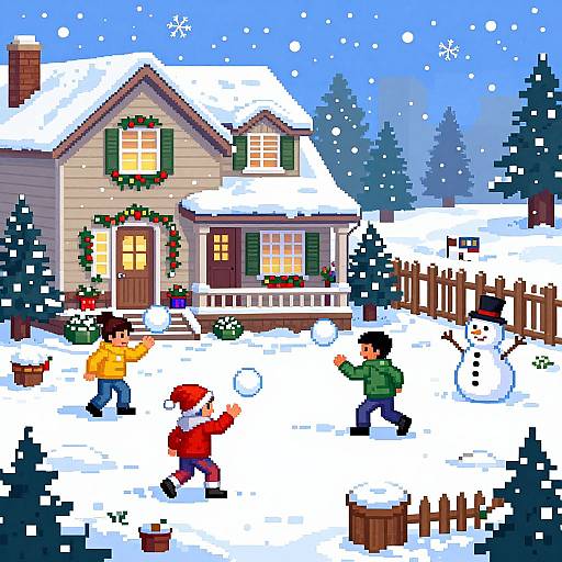 Pixel art of children building snowmen in front of a snow-covered, Christmas-decorated house with a blue sky and falling snow.