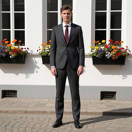 Confident Man on Vibrant Cobblestone Street
