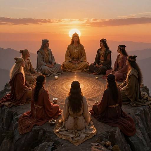 Ennead of Mythical Figures at Sunset