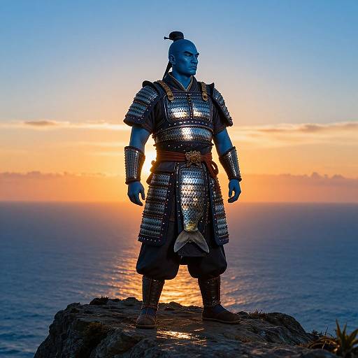 Silhouetted blue warrior statue in metallic armor stands on rocky cliff at sunset, ocean in background, vibrant orange and blue sky.