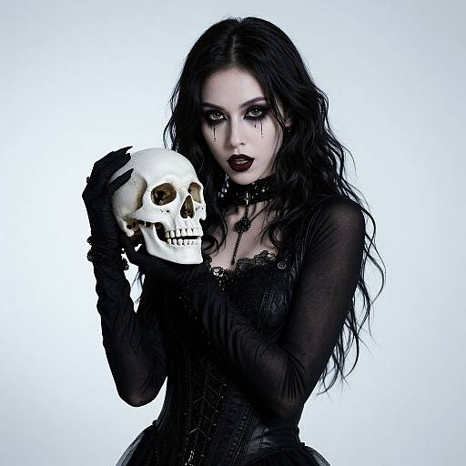 Gothic woman with long black hair, wearing black lace dress and gloves, holding a white skull against a white background.
