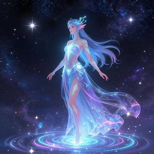 Digital artwork of a glowing, ethereal elf woman with long blue hair, pointed ears, and translucent, bioluminescent dress, standing in a
