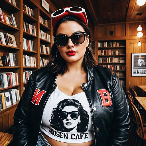 Stylish Woman in Leather Jacket at Bookstore Cafe