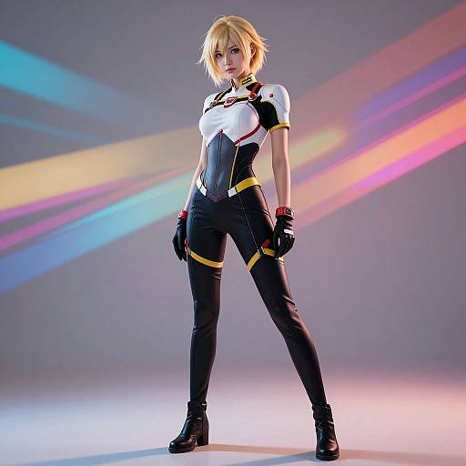 Digital CGI of a blonde, fit woman in a white and black futuristic bodysuit, standing confidently with colorful light beams behind her.