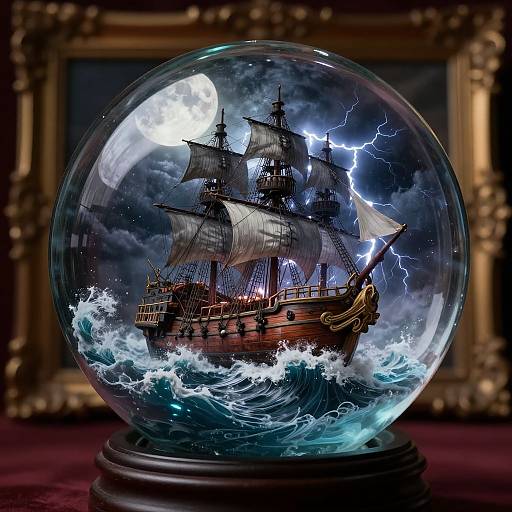 Digital artwork of a stormy, lightning-struck, wooden pirate ship inside a crystal snow globe with turbulent waves and a full moon.