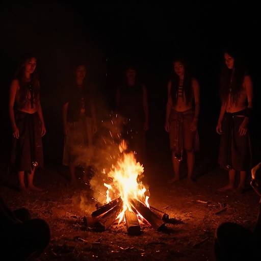 Photograph of five tribal-like figures standing around a bright, orange campfire in a dark night, wearing loincloths, with shadowy faces