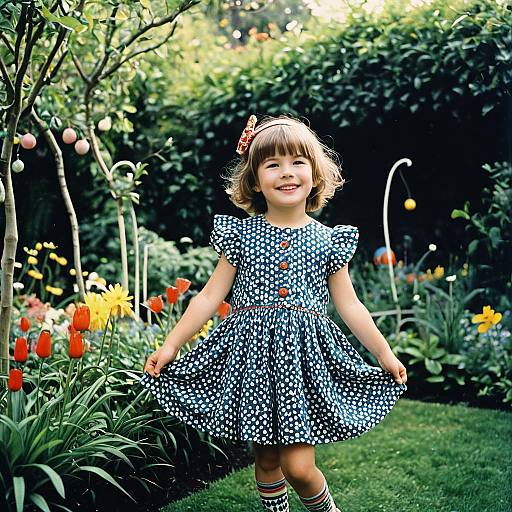 Smiling Child in Playful Dress in Garden