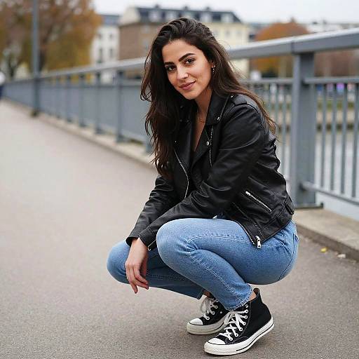 Photograph of a smiling woman with long dark hair, wearing a black leather jacket, blue jeans, and black Converse sneakers, squatting on a