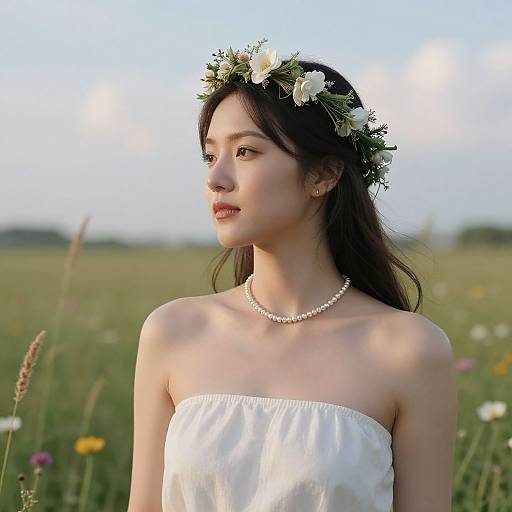 Photograph of an Asian woman with fair skin, wearing a white strapless dress, pearl necklace, and flower crown, standing in a sunlit me