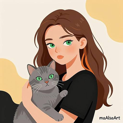 Young Woman with Green-Eyed Cat Illustration