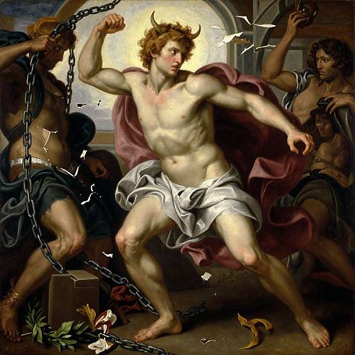 Baroque-style painting of a muscular, horned man breaking chains, wearing a white loincloth, with angry, chained figures in the background.