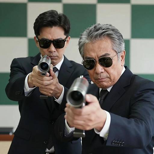 Two Men in Suits Aiming Silver Cylinders