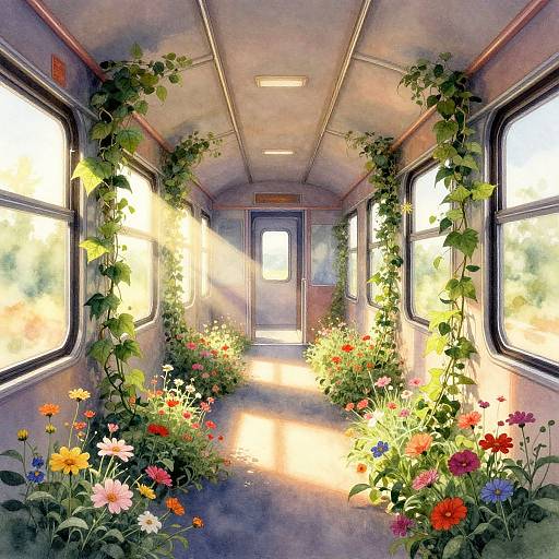Digital painting of a sunlit train corridor, adorned with colorful flowers and vines, casting warm light through large windows.