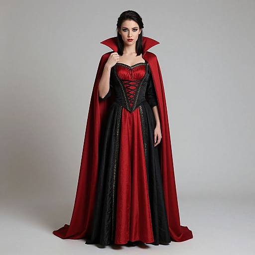 Photograph of a pale-skinned woman with black hair, wearing a red and black Gothic-style gown with a high collar and cape, standing against a