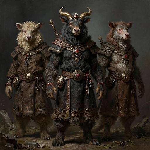 Photorealistic digital painting of three anthropomorphic animals in dark medieval armor with horns, fur, and red gemmed belts, standing against a dark,