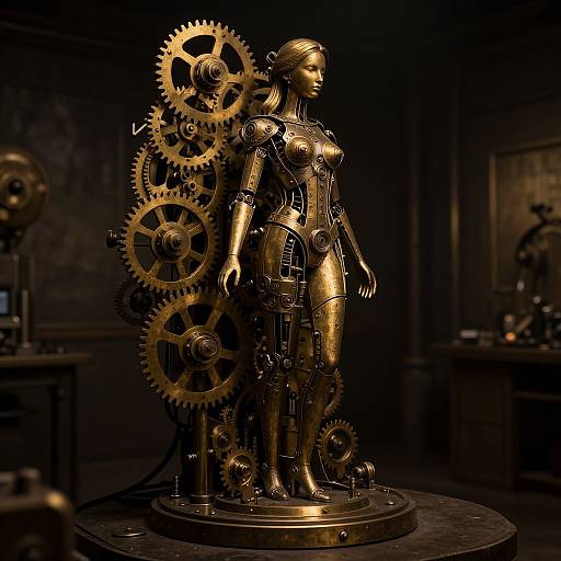 Photograph of a golden, mechanical female figure with large, intricately detailed gears on her back, displayed in a dimly lit, vintage-style museum