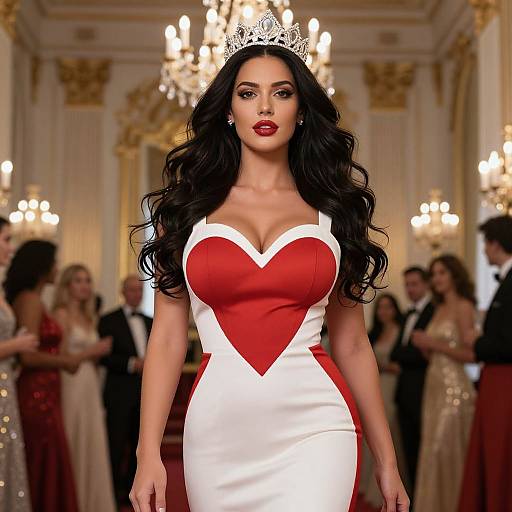 Photograph of a beautiful woman with long black hair, wearing a red and white heart-shaped dress, silver tiara, in an opulent ballroom