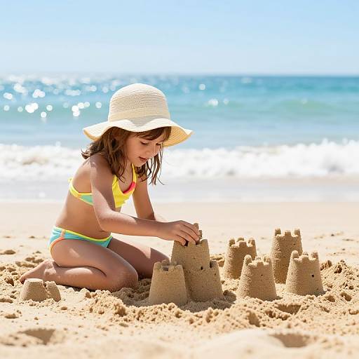 Photograph of a young girl with tan skin, brown hair, and wearing a yellow-green bikini and white sunhat, building a sandcastle on a
