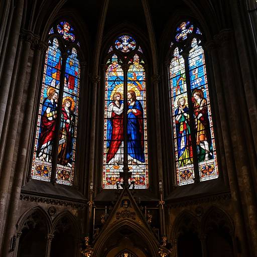 Photograph of three colorful, Gothic-style stained glass windows depicting biblical scenes with vibrant reds, blues, and golds, set in a dimly