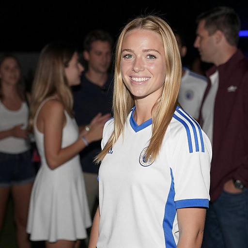 Smiling Blonde Woman in Sports Jersey