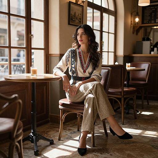 Photograph of a stylish woman with long dark hair, wearing a white embroidered blouse, beige pants, and black heels, sitting in a sunlit,