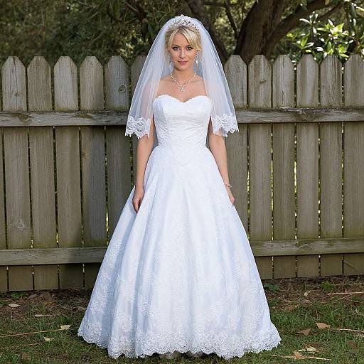 Blonde bride in white lace wedding dress and veil, standing in front of a wooden fence in a sunlit garden. Photographic image.