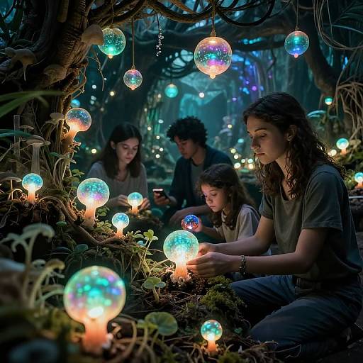 Photograph: Three young people with curly hair, sitting in a mystical forest, surrounded by glowing, iridescent bubble lights and soft, warm mushrooms