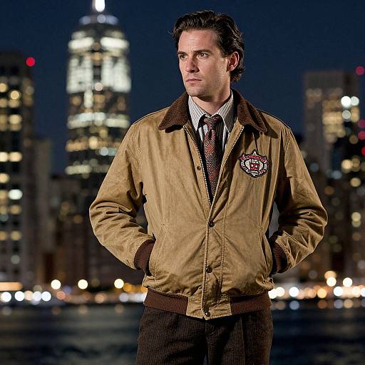 Photograph of a handsome man with dark hair in a tan jacket, white shirt, and tie, standing against a night cityscape with illuminated skyscrap