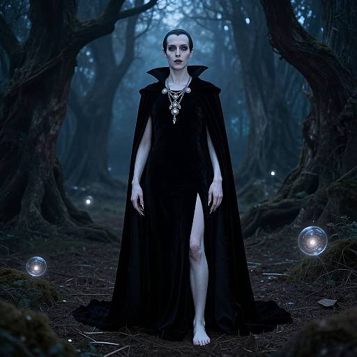 Photograph of a pale, dark-haired woman in a black, high-collared, thigh-slitted cloak, barefoot, standing in a mystical