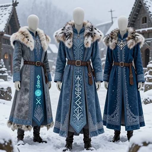 Photograph of three faceless mannequins in blue, snow-covered, fur-trimmed Viking-style coats with intricate white runes and glowing blue
