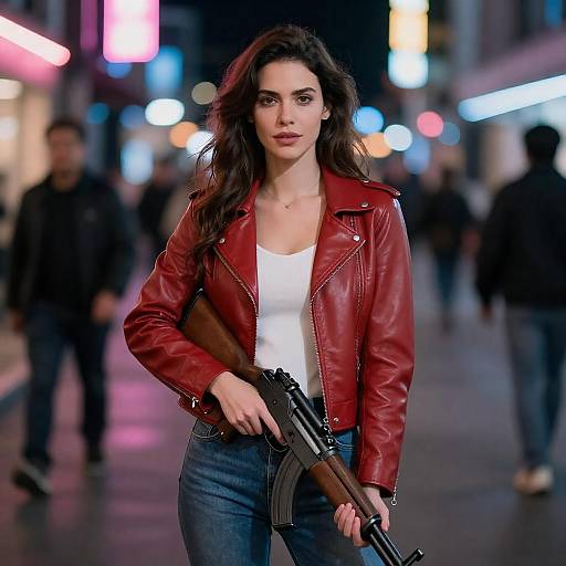 Neon-Lit Streets: Woman with Rifle