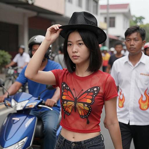 Vibrant Urban Scene with Asian Woman