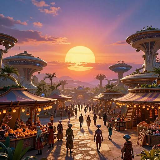 Digital art of a futuristic market at sunset with floating structures, palm trees, and colorful stalls, bustling with people wearing hats.