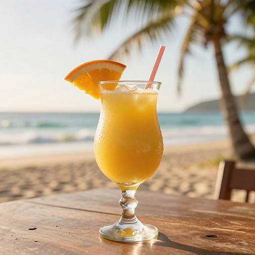 Photograph of a sunny beach cocktail with an orange slice and red straw, on a wooden table, palm trees in the background.