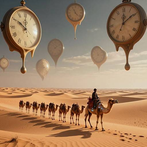 Photograph of a lone rider on a camel leading a caravan through a desert, with oversized floating clocks and balloons in the surreal sky.