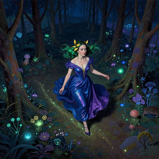 Digital fantasy artwork: A fair-skinned woman with green hair and yellow flowers, wearing a shimmering blue dress, walks through a magical, dark forest
