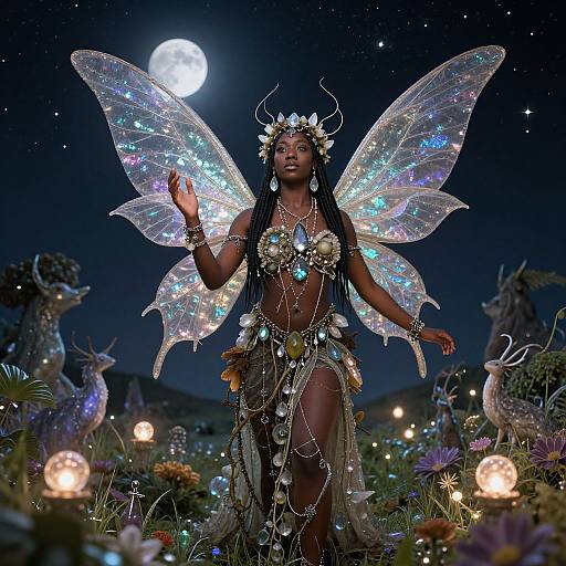 Photograph of a dark-skinned woman with glowing, iridescent fairy wings, wearing a flower crown and metallic jewelry, standing in a moonlit
