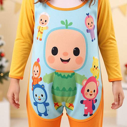Photograph of a child in orange long-sleeve pajamas, wearing a light blue onesie with colorful cartoon character design. Background shows a blurred