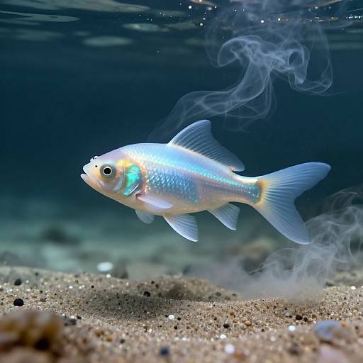 Photograph of a vibrant, iridescent blue fish with yellow and green accents swimming near a sandy ocean floor, surrounded by swirling underwater mist.