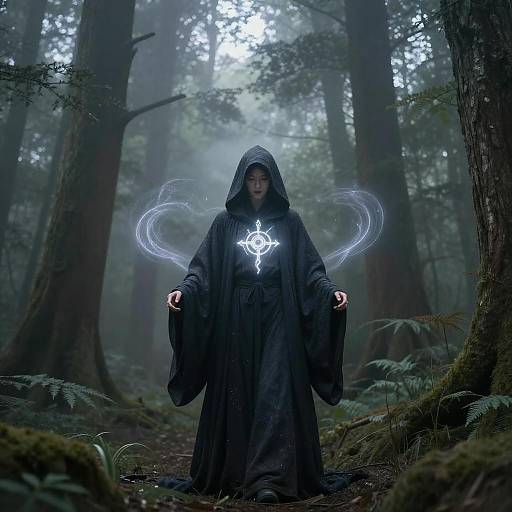 Mystical Hooded Figure in Enchanted Forest