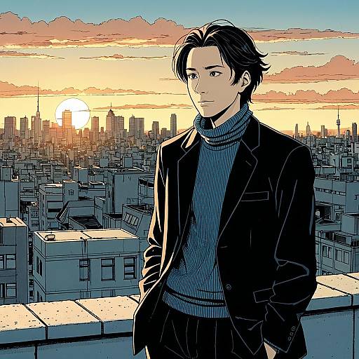 Manga Journalist on Rooftop at Sunrise
