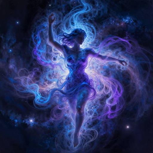 Digital artwork of a silhouetted, ethereal female figure with glowing blue and purple energy swirling around her in a dark, starry space.