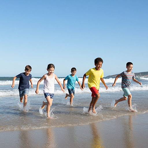 Six young boys running joyfully in the shallow ocean, wearing colorful shirts and shorts, splashing in the bright sunlight.